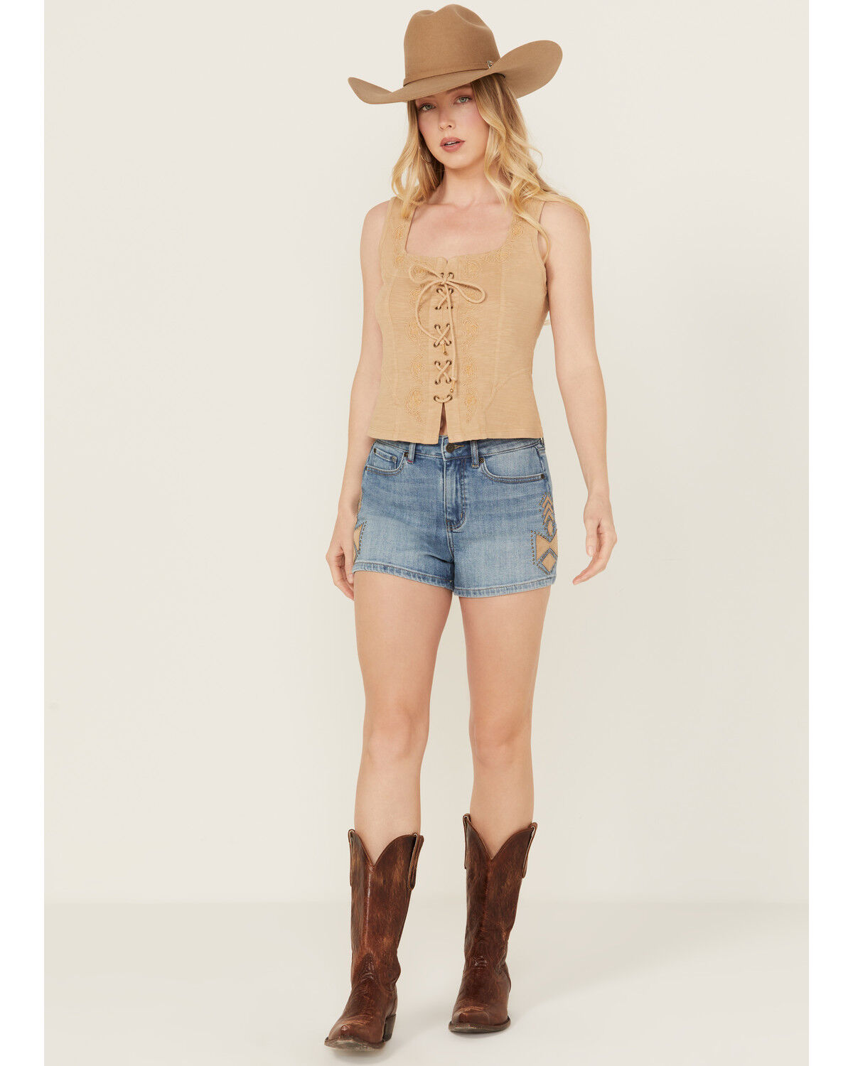 Image #1 - Idyllwind Women's Medium Wash Gypsy High Rise Faux Suede Embellished Comfort Stretch Denim Shorts, Medium Wash, hi-res