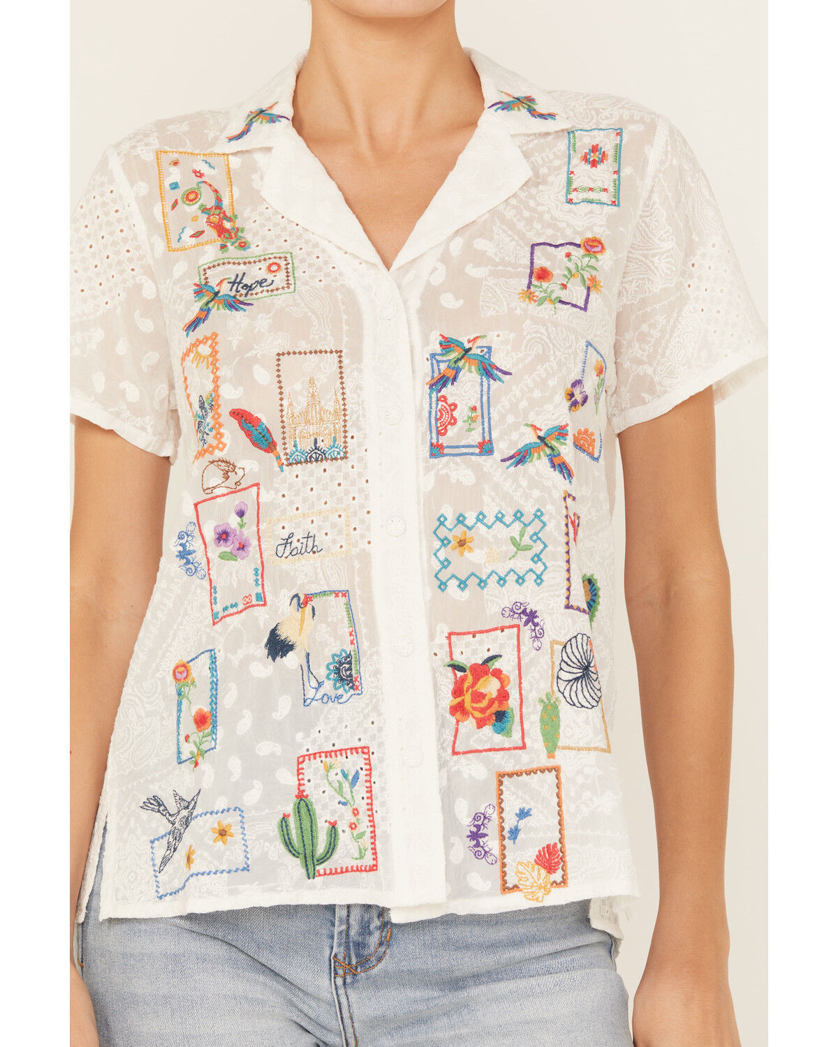 Image #3 - Johnny Was Women's Cooper Embroidered Short Sleeve Button-Down Blouse, White, hi-res