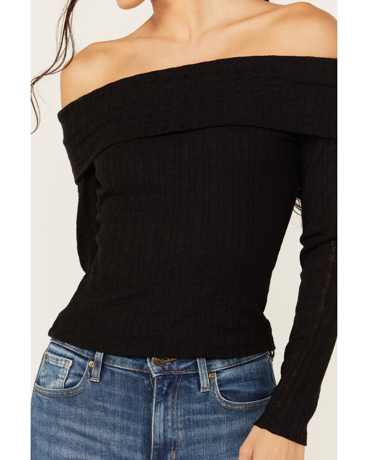 Image #3 - Shyanne Women's Pointelle Ribbed Off The Shoulder Top, Black, hi-res