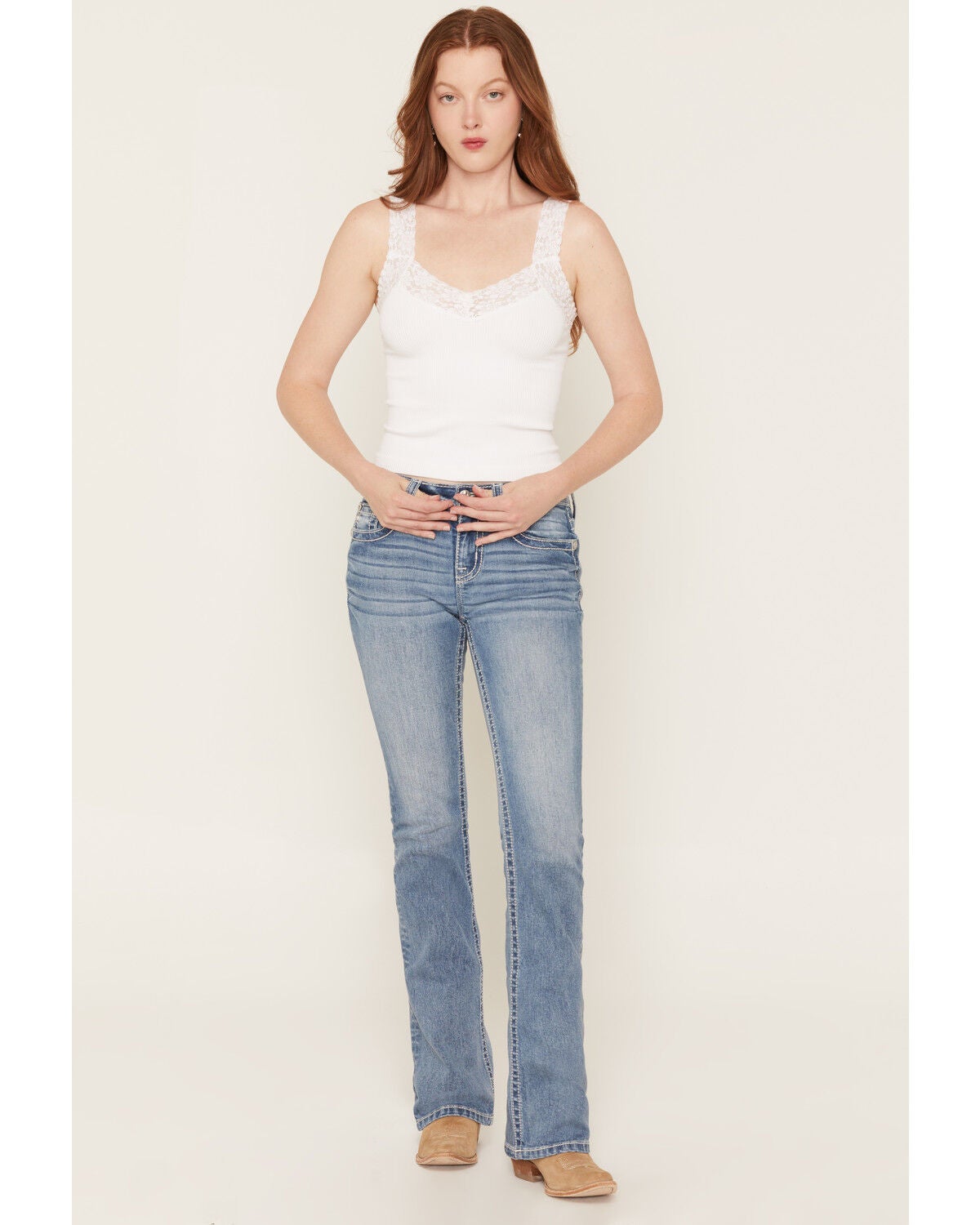 Image #3 - Miss Me Women's Medium Wash Mid Rise Faux Flap Pocket Bootcut Stretch Denim Jeans, Medium Wash, hi-res