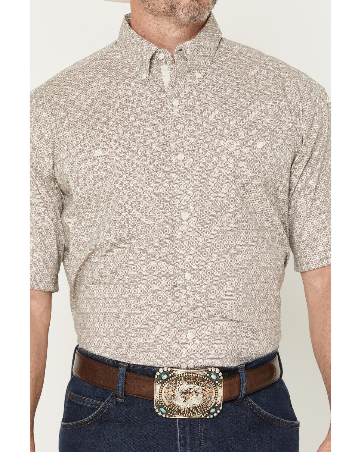 Image #3 - George Strait by Wrangler Men's Floral Geo Print Short Sleeve Button-Down Stretch Western Shirt, Brown, hi-res