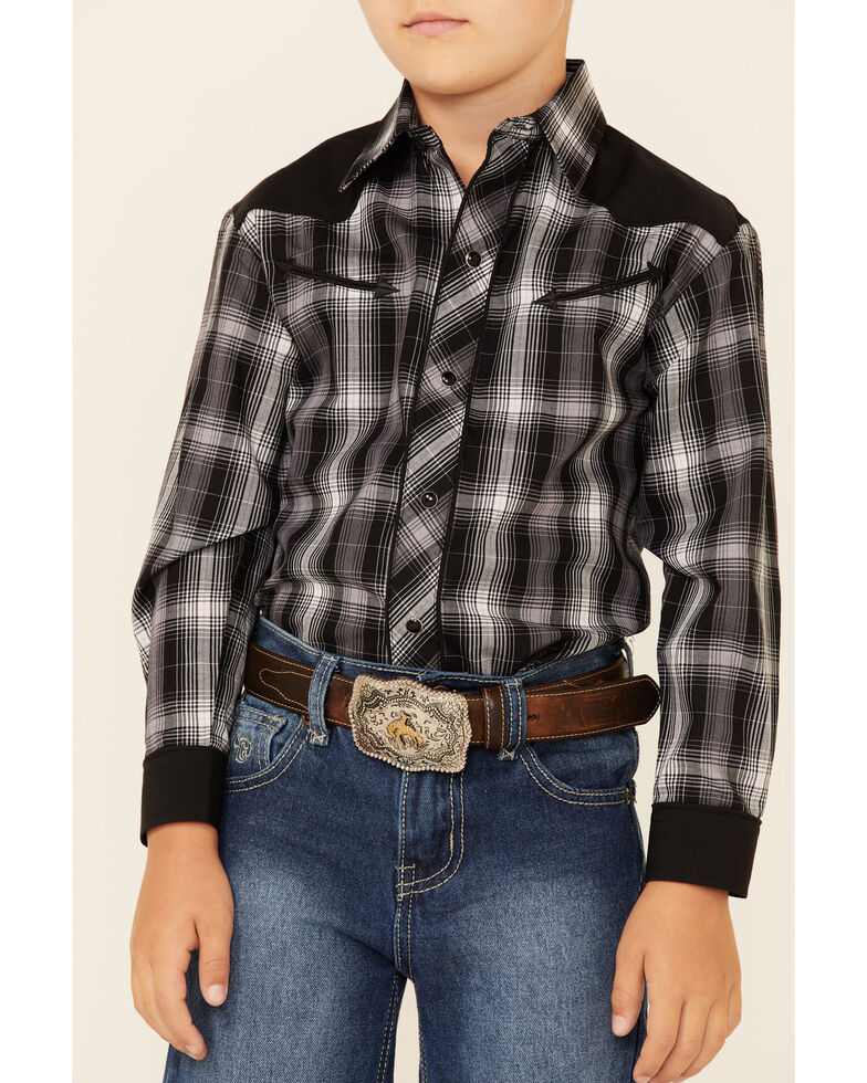 Roper Boys' Black Plaid Retro Contrast Fancy Yoke Long Sleeve Snap Western Shirt , Black, hi-res