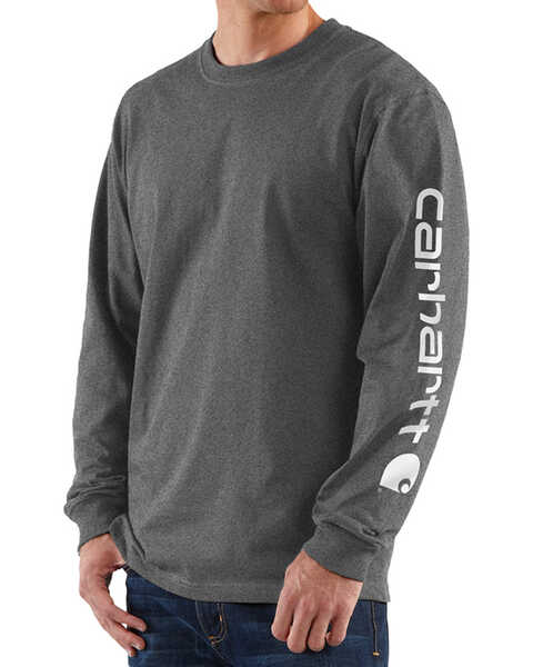 Carhartt Men's Loose Fit Heavyweight Long Sleeve Logo Graphic Work T-Shirt - Tall, Heather Grey, hi-res