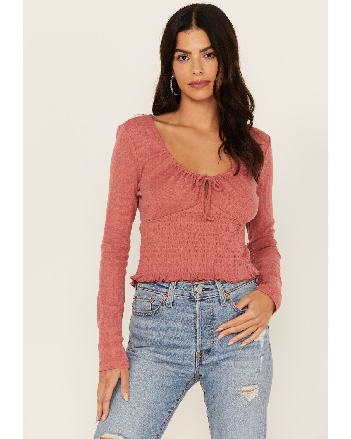 Image #1 - Bila Women's Pointelle Reed Long Sleeve Top, Burgundy, hi-res