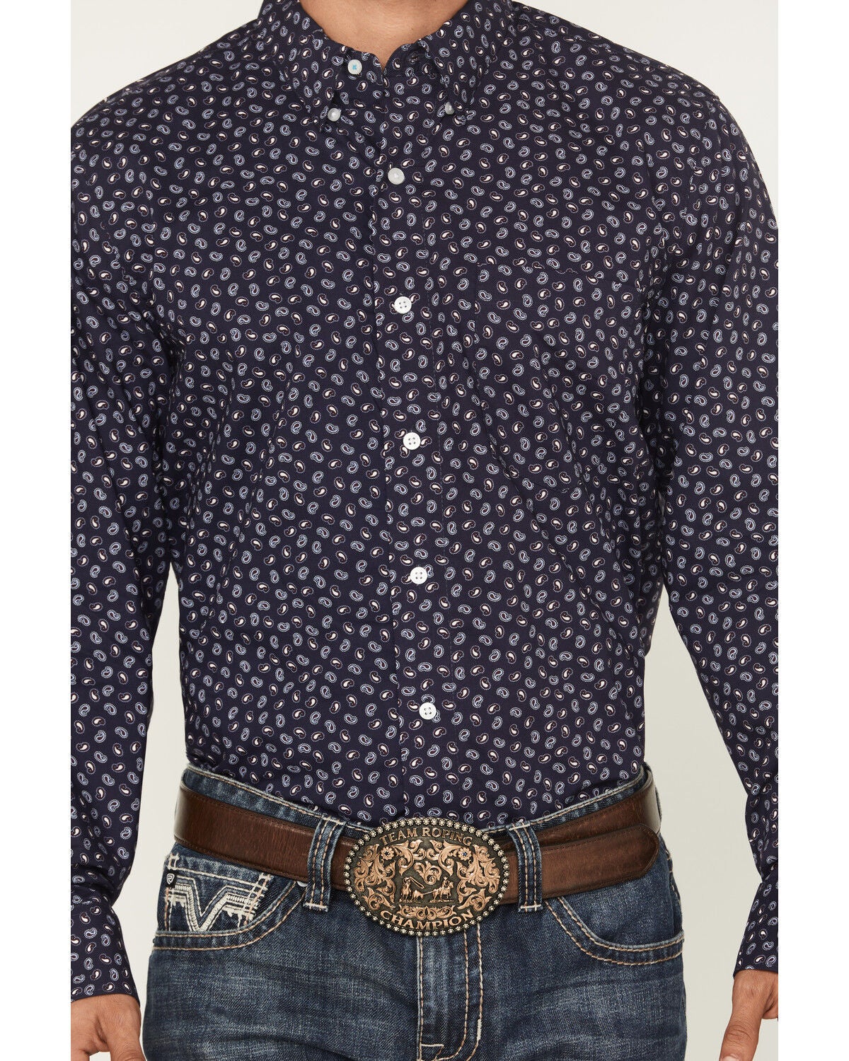 Image #3 - Wrangler X Cody Johnson Men's Paisley Print Long Sleeve Button-Down Western Shirt, Navy, hi-res
