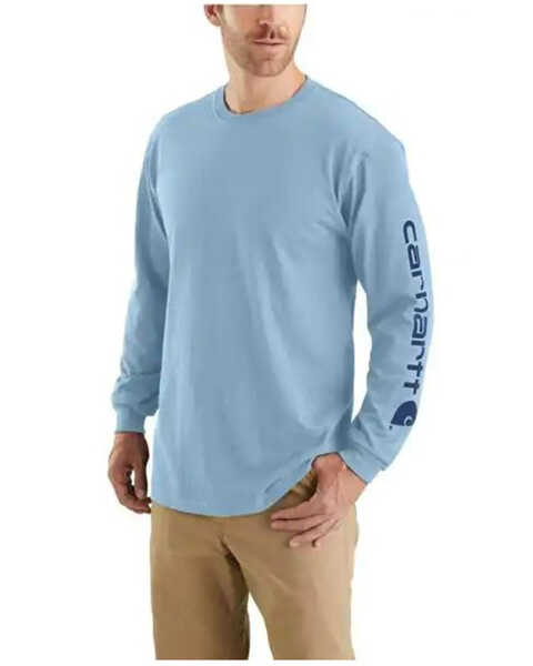 Carhartt Men's Loose Fit Heavyweight Long Sleeve Logo Graphic Work T-Shirt, Light Blue, hi-res