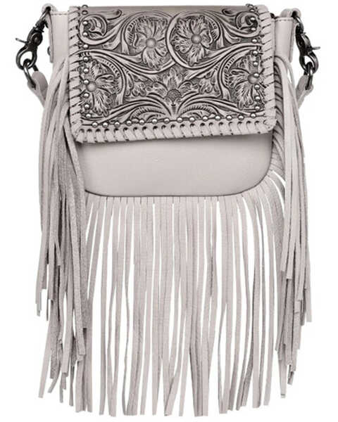 Montana West Women's Tooled Collection Fringe Crossbody , Tan, hi-res