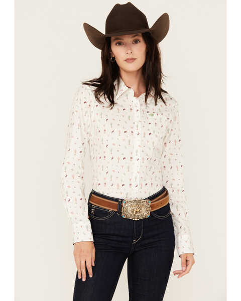 Image #1 - Ariat Women's Kirby Santa Fe Print Long Sleeve Button Down Stretch Western Shirt, White, hi-res