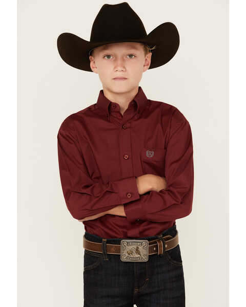 Image #1 - Panhandle Boys' Solid Long Sleeve Button-Down Stretch Western Shirt , Burgundy, hi-res