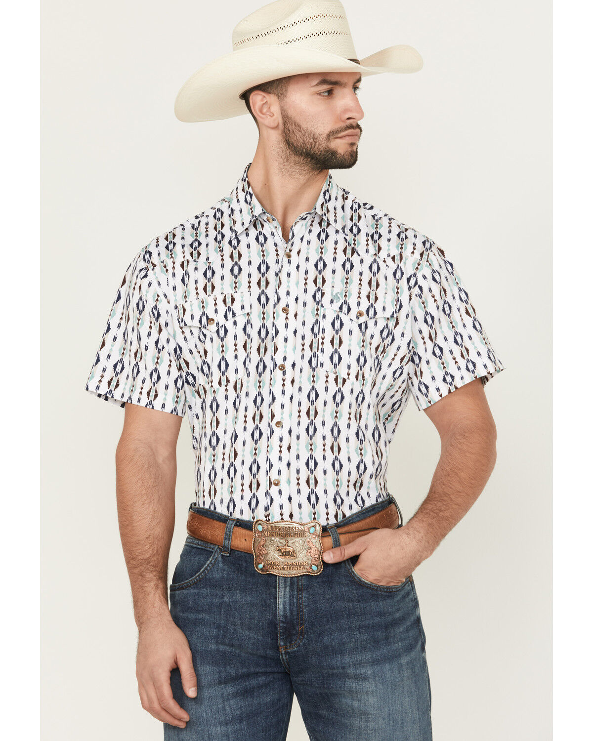 Image #1 - Rodeo Clothing Men's Southwestern Print Short Sleeve Snap Western Shirt, White, hi-res