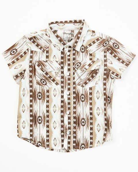 Image #1 - Wrangler Toddler Boys' Checotah Southwestern Striped Short Sleeve Pearl Snap Western Shirt , Brown, hi-res