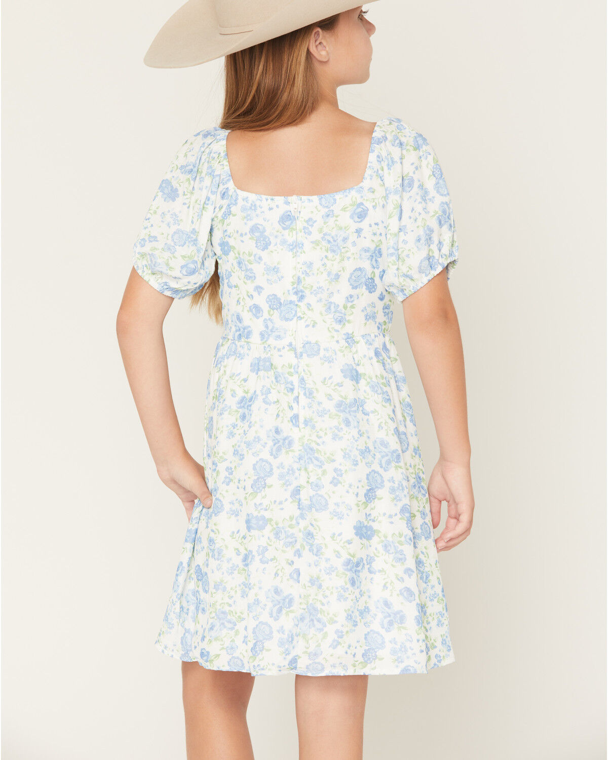 Image #4 - Trixxi Little Girls' Floral Print Puff Sleeve Midi Dress, Blue, hi-res