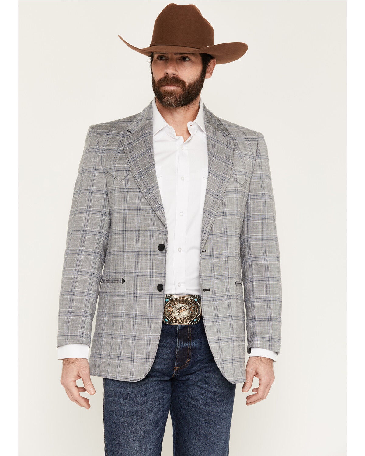 Circle S Men's Carson City Plaid Print Button-Down Sportcoat - Big, Light Grey, hi-res