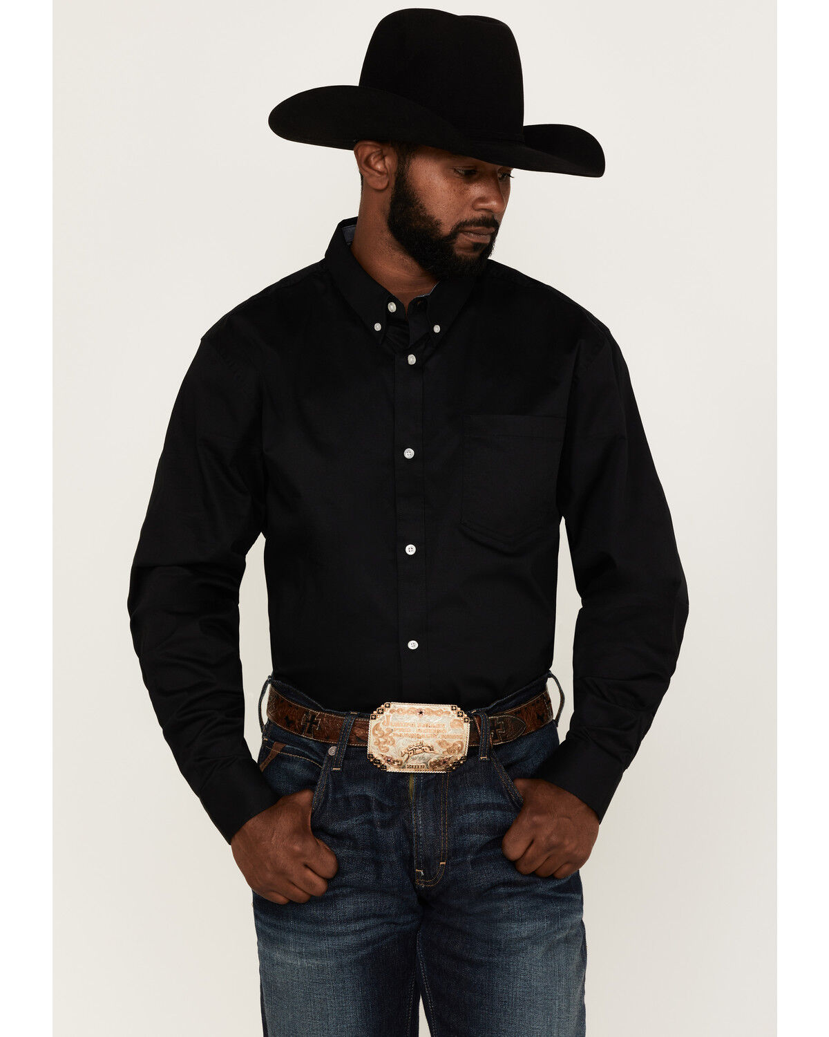 Image #1 - RANK 45® Men's Basic Twill Long Sleeve Button-Down Western Shirt, Black, hi-res