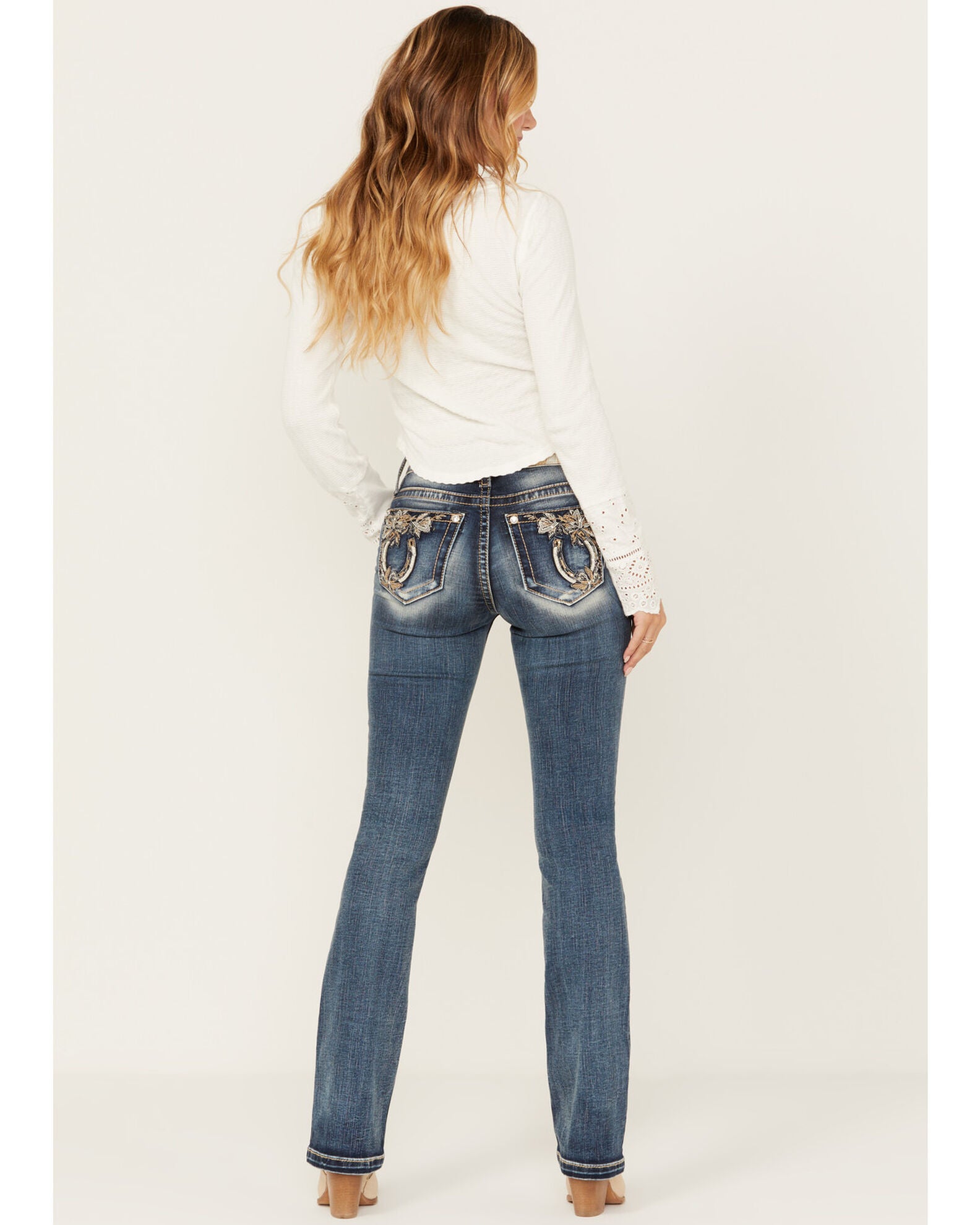 Product Name Miss Me Women's Dark Wash Mid Rise Floral Horseshoe