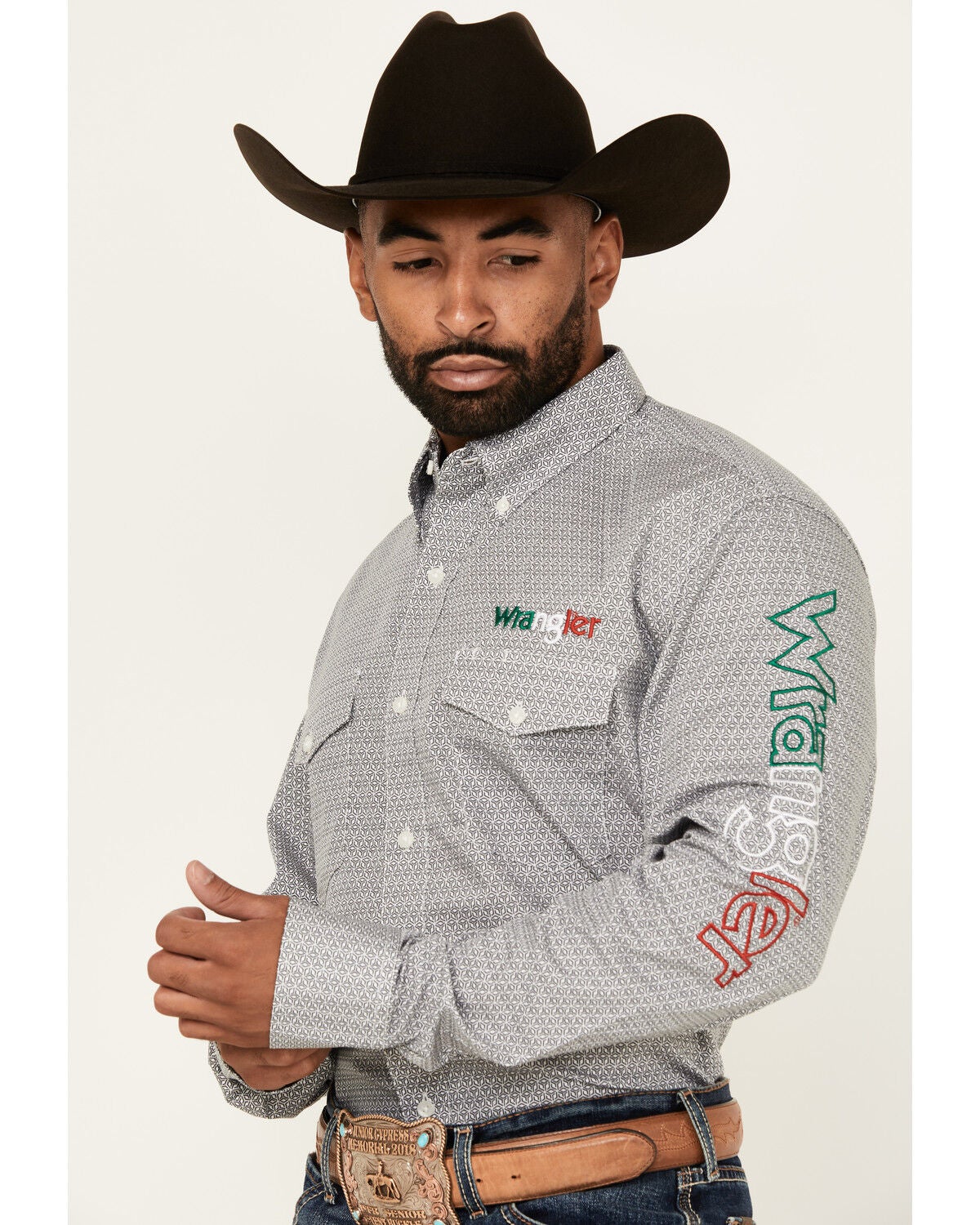 Image #2 - Wrangler Men's Mexico Flag Logo Geo Print Long Sleeve Button-Down Western Shirt - Tall, Grey, hi-res