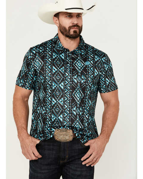 Image #1 - Rock & Roll Denim Men's Boot Barn Exclusive Southwestern Print Short Sleeve Polo Shirt , Turquoise, hi-res