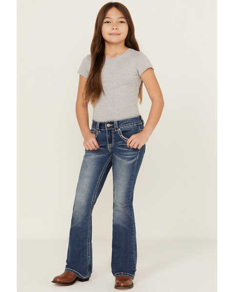 Shyanne Girls' Medium Wash Star Pocket Bootcut Stretch Denim Jeans , Medium Wash, hi-res
