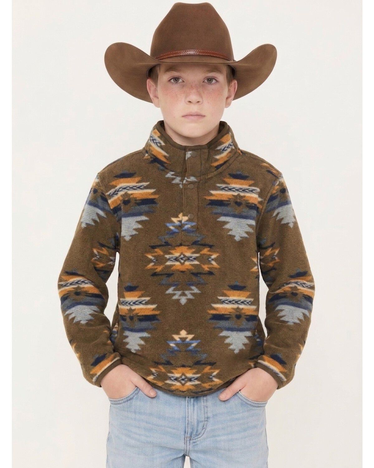 Image #1 - Cody James Boys' Outrider Southwestern Print Snap Pullover, Chocolate, hi-res