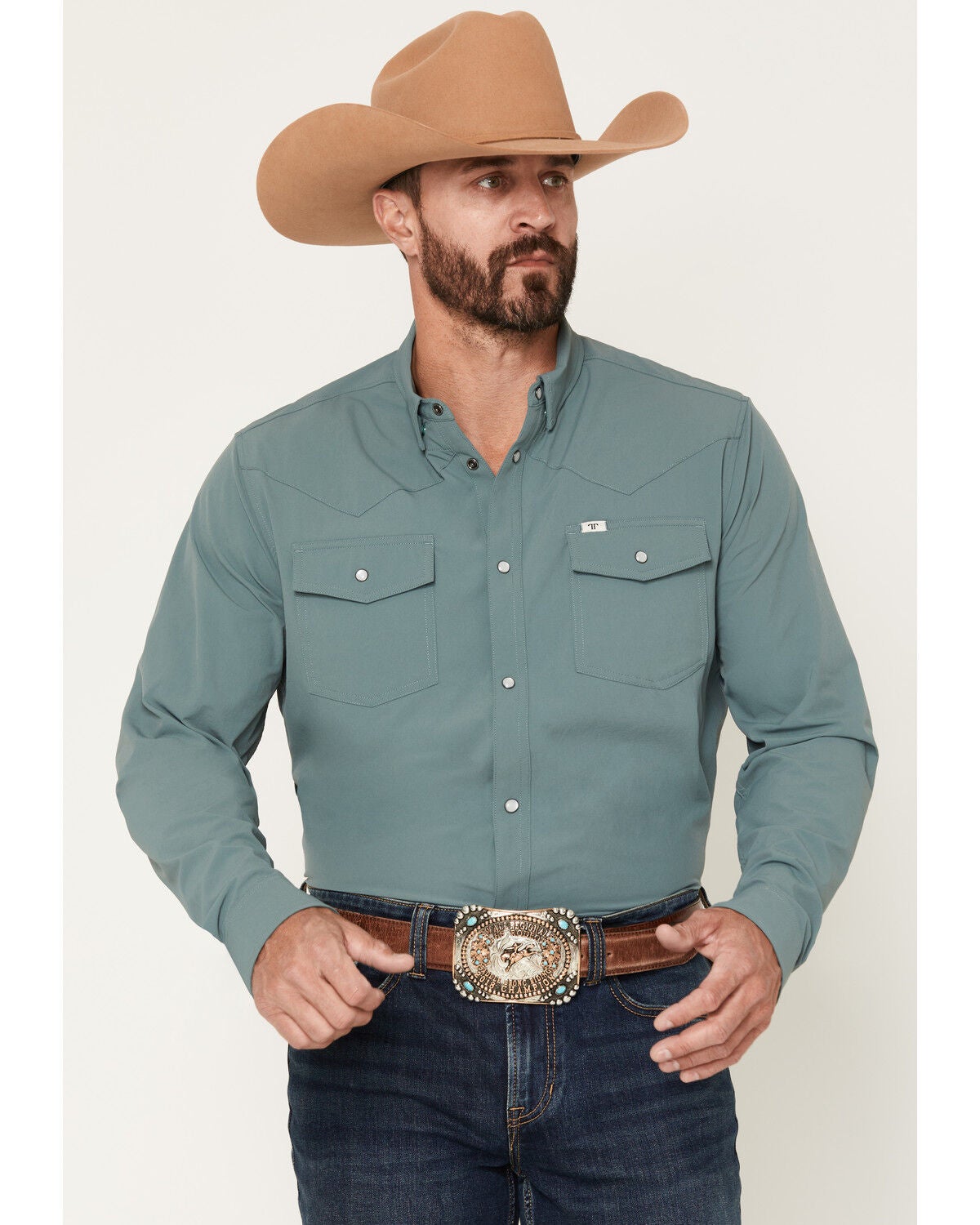 Image #1 - Ferrell Men's Tek Solid Short Sleeve Pearl Snap Stretch Performance Western Shirt, Blue, hi-res