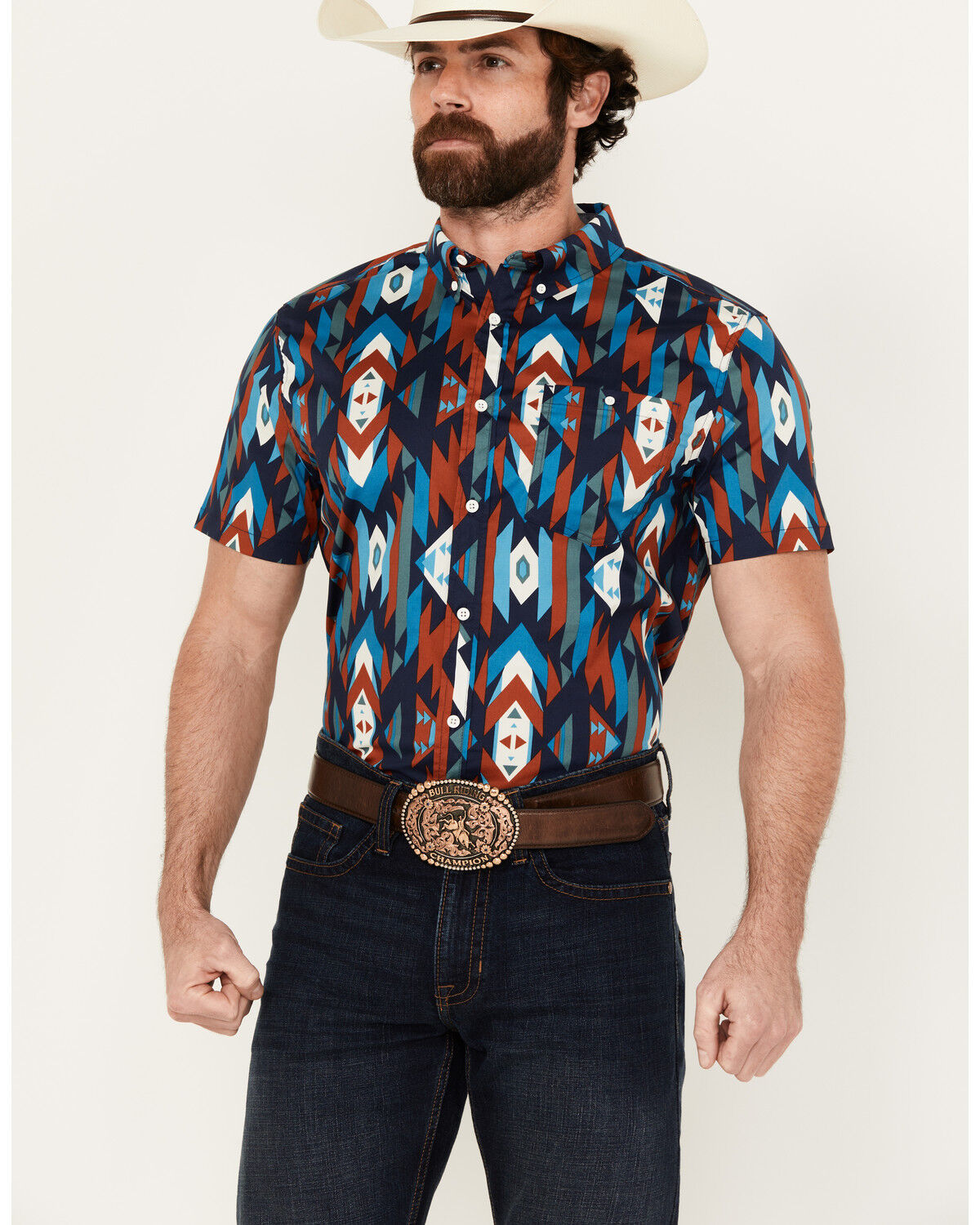 Image #1 - RANK 45® Men's Raflame Southwestern Print Button-Down Stretch Western Shirt, Dark Orange, hi-res