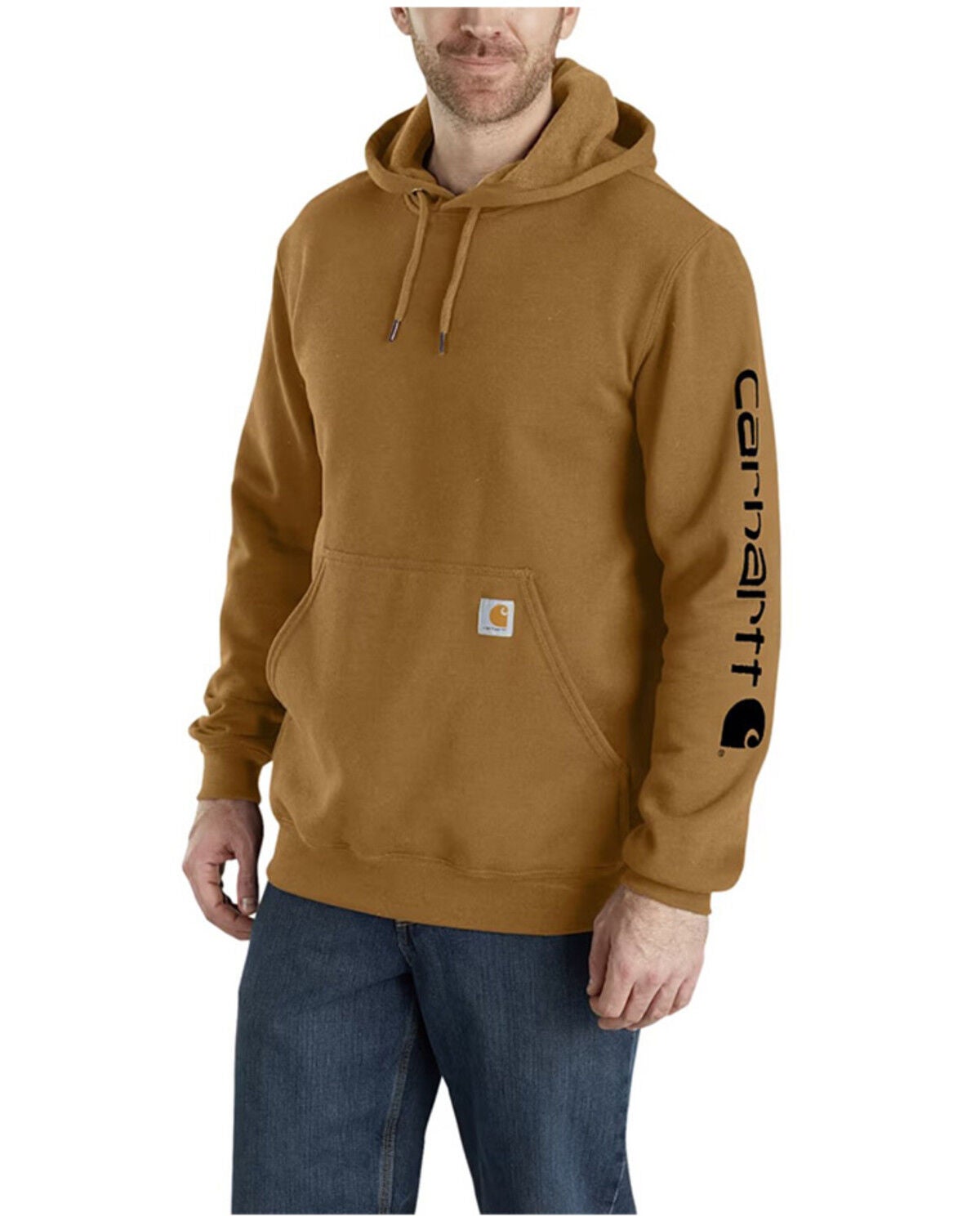 Carhartt Men's Loose Fit Midweight Logo Sleeve Graphic Hooded Sweatshirt - Tall, Brown, hi-res