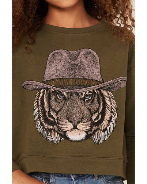 Image #3 - Somewhere West Girls' Cowboy Tiger Graphic Sweatshirt, Olive, hi-res
