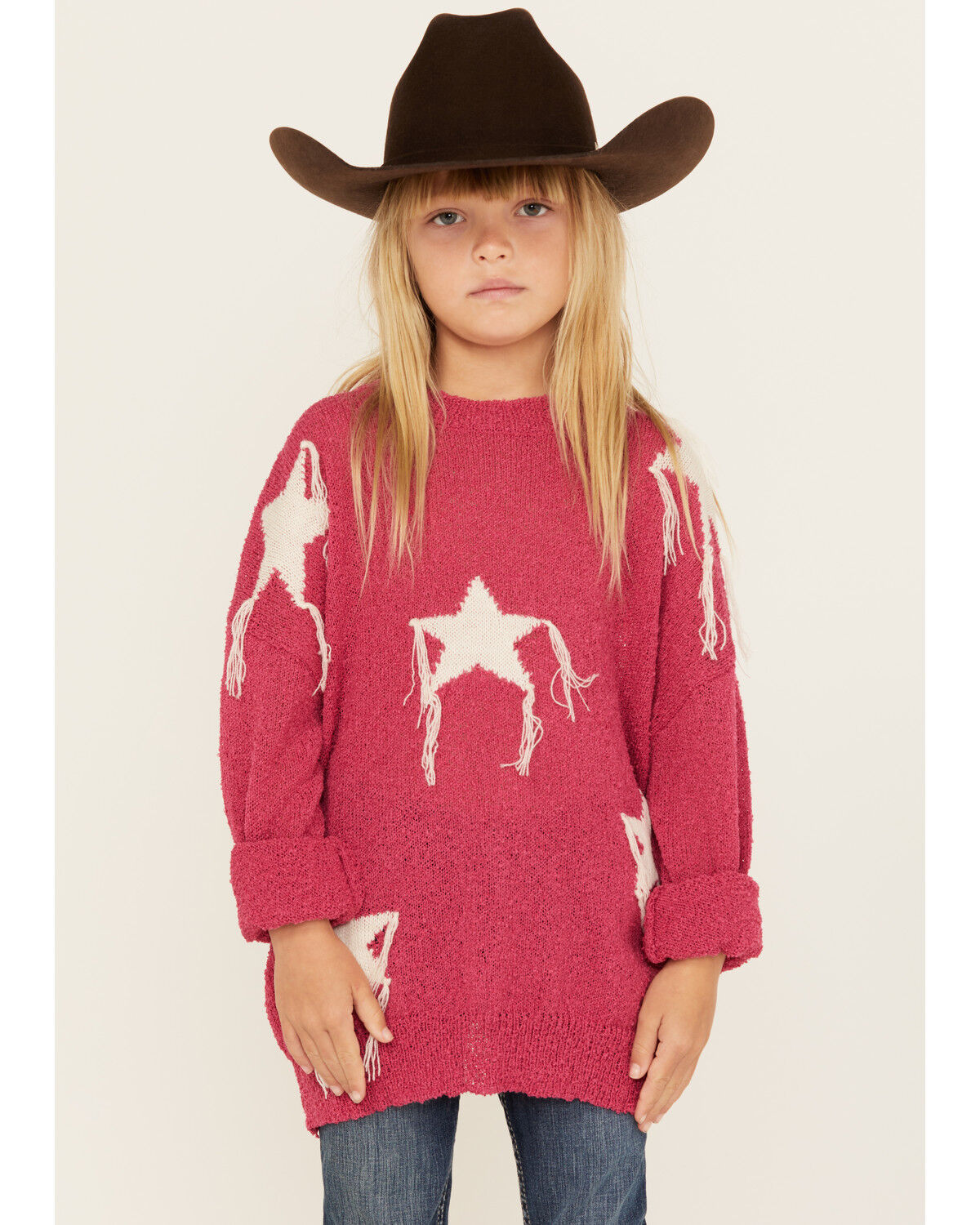 Image #1 - Rock & Roll Denim Girls' Star Print Sweater, Pink, hi-res