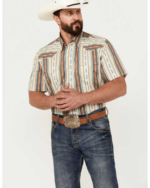 Roper Men's West Made Southwestern Striped Print Short Sleeve Snap Western Shirt, Sand, hi-res