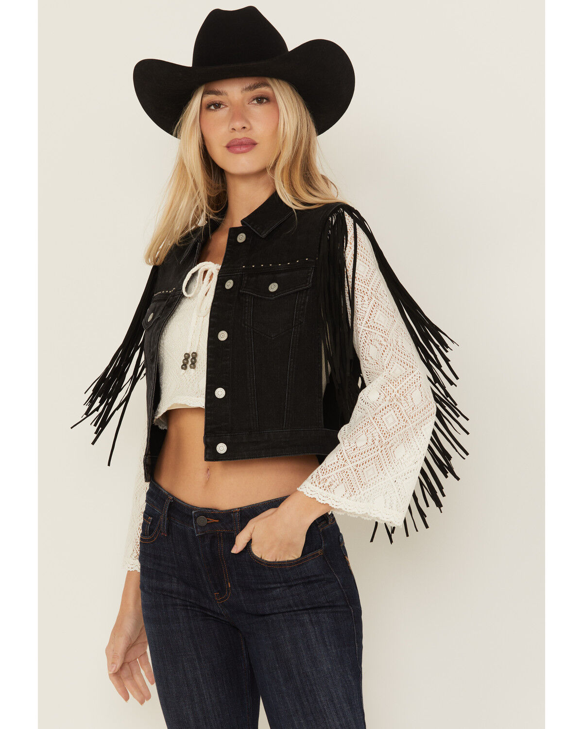 Image #1 - Idyllwind Women's Studded Fringe Vest, Black, hi-res