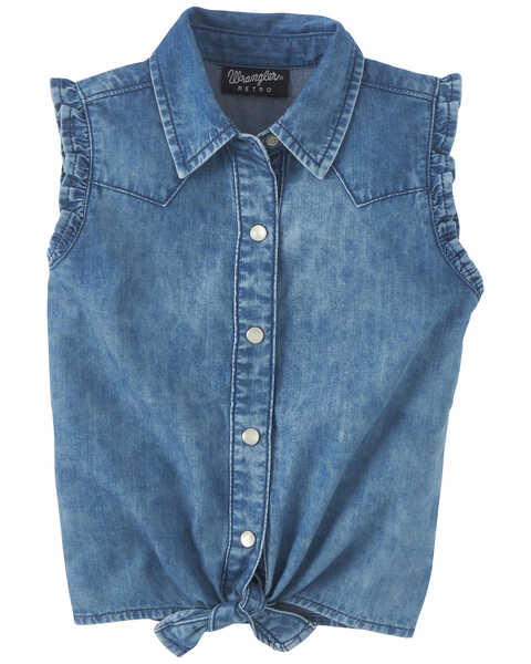 Image #1 - Wrangler Girls' Tie Front Sleeveless Pearl Snap Denim Shirt , Blue, hi-res
