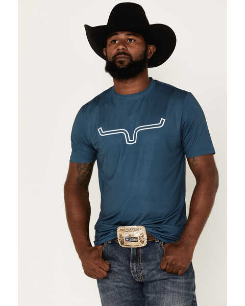 Kimes Ranch Men's Outlier Tech Horns Graphic Performance T-Shirt , Blue, hi-res