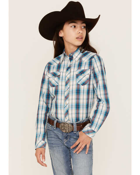 Image #1 - Roper Girls' West Made Plaid Print Long Sleeve Western Snap Shirt, Blue, hi-res