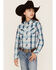Image #1 - Roper Girls' West Made Plaid Print Long Sleeve Western Snap Shirt, Blue, hi-res