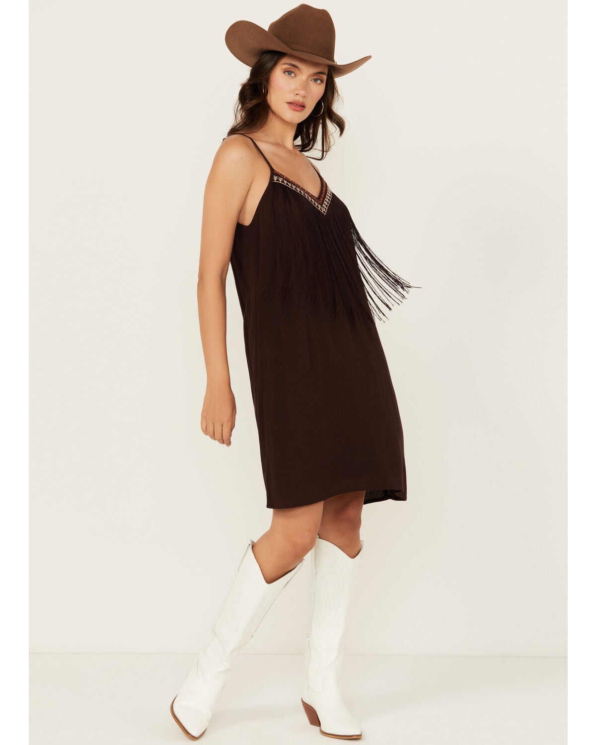 Image #1 - Shyanne Women's Embroidered Fringe Sleeveless Mini Dress, Chocolate, hi-res