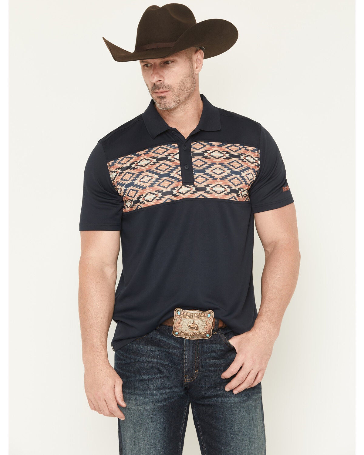 RANK 45&reg; Men's Southwestern Print Border Short Sleeve Button-Down Polo, Navy, hi-res