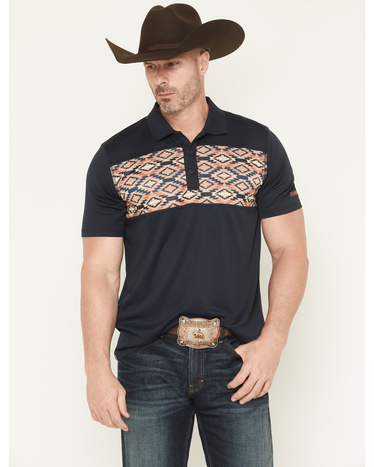 Image #1 - RANK 45® Men's Southwestern Print Border Short Sleeve Button-Down Polo, Navy, hi-res