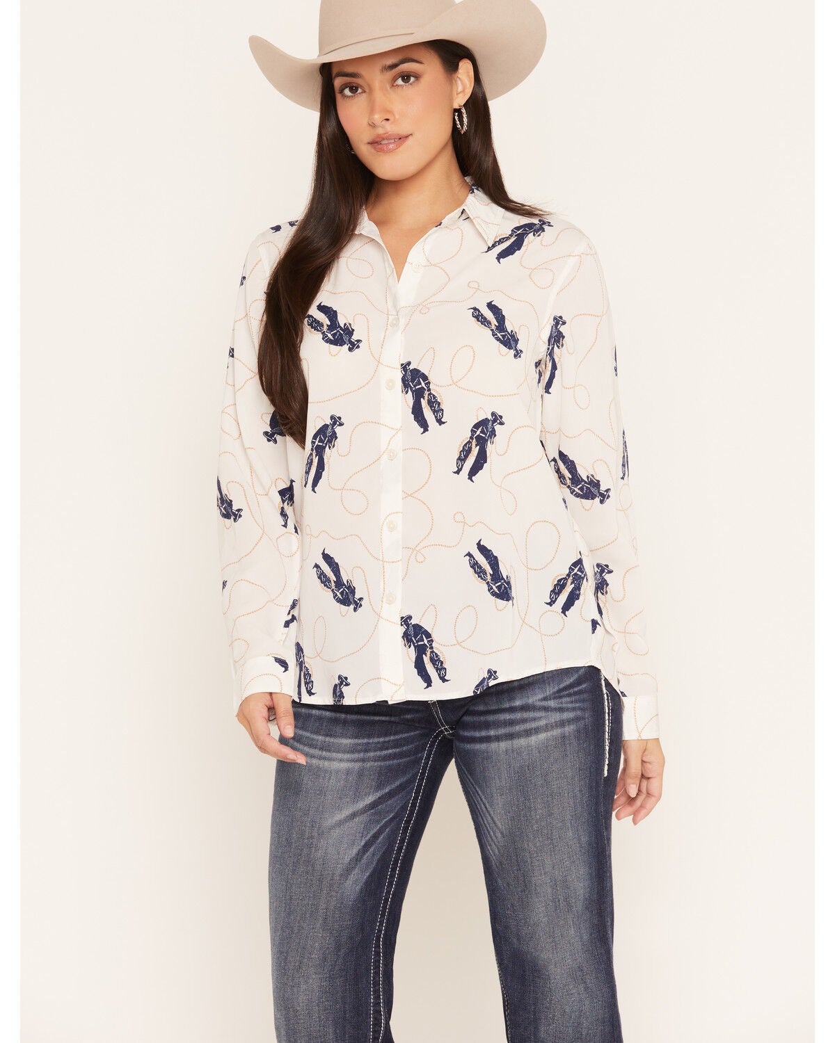 Ariat Women's Buckaroo Boss Homestyle Long Sleeve Button-Down Western Shirt, White, hi-res