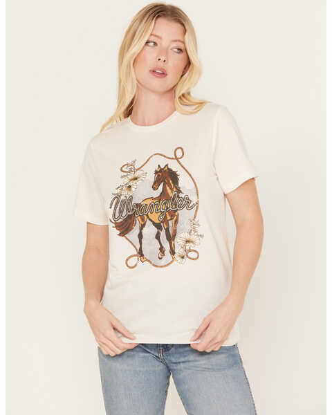 Wrangler Women's Horse & Flowers Short Sleeve Graphic Tee, White, hi-res