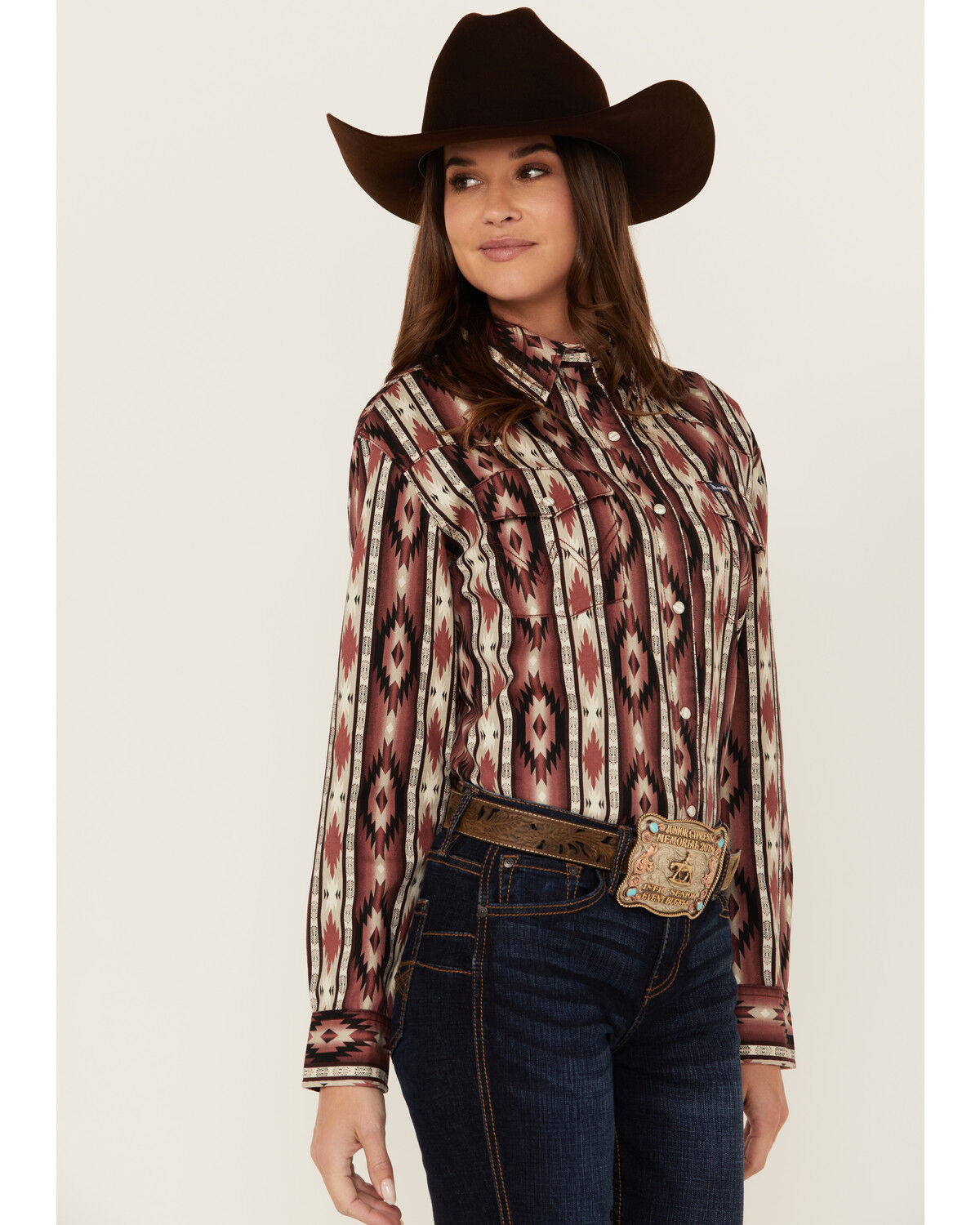 Image #1 - Wrangler Retro Women's Southwestern Print Long Sleeve Pearl Snap Western Shirt, Burgundy, hi-res