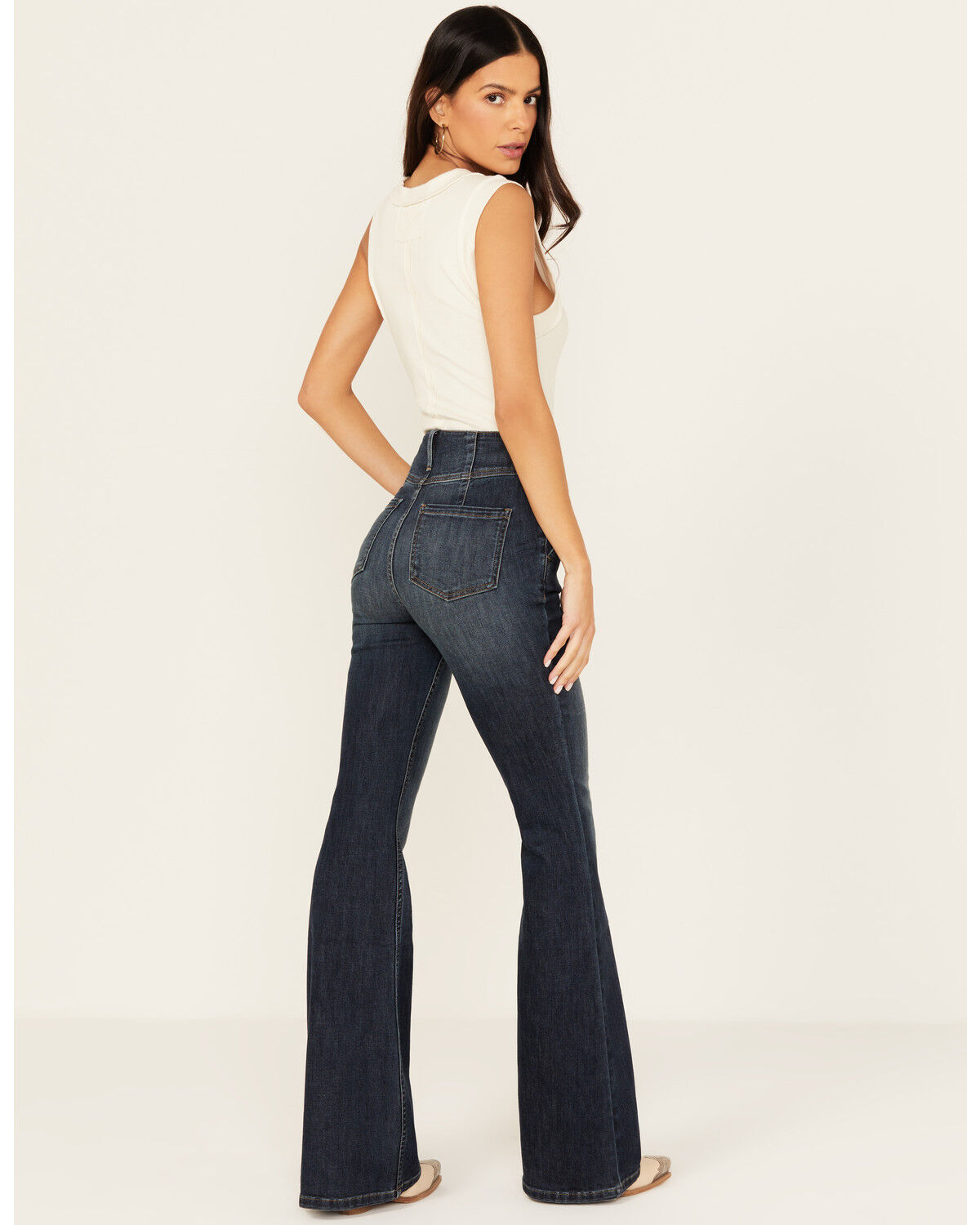 Image #3 - Shyanne Women's Bellflower Dark Wash Darted Waist Comfort Stretch Flare Jeans, Dark Wash, hi-res
