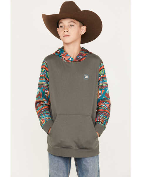 Hooey Boys' Southwestern Print Contrast Hooded Sweatshirt, Green, hi-res