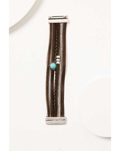 Shyanne Women's Brown Leather & Turquoise Beaded Silver Chain Wrap Bracelet, Silver, hi-res