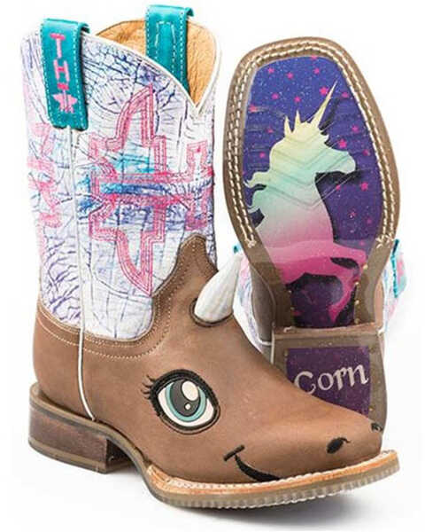 Tin Haul Girls' Unicorn Western Boots - Square Toe, Tan, hi-res