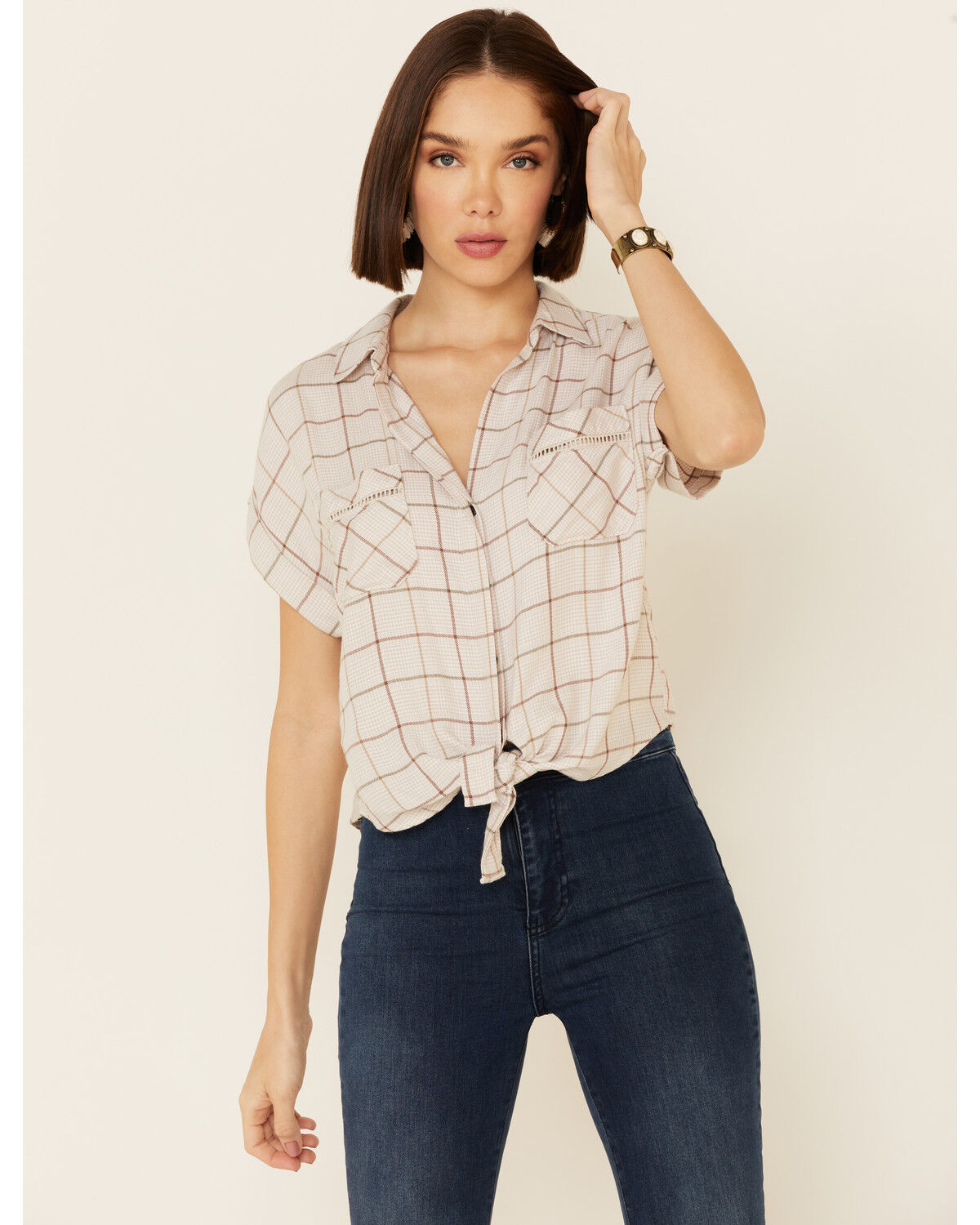 Image #1 - Shyanne Women's Windowpane Plaid Tie-Front Short Sleeve Western Shirt, Tan, hi-res