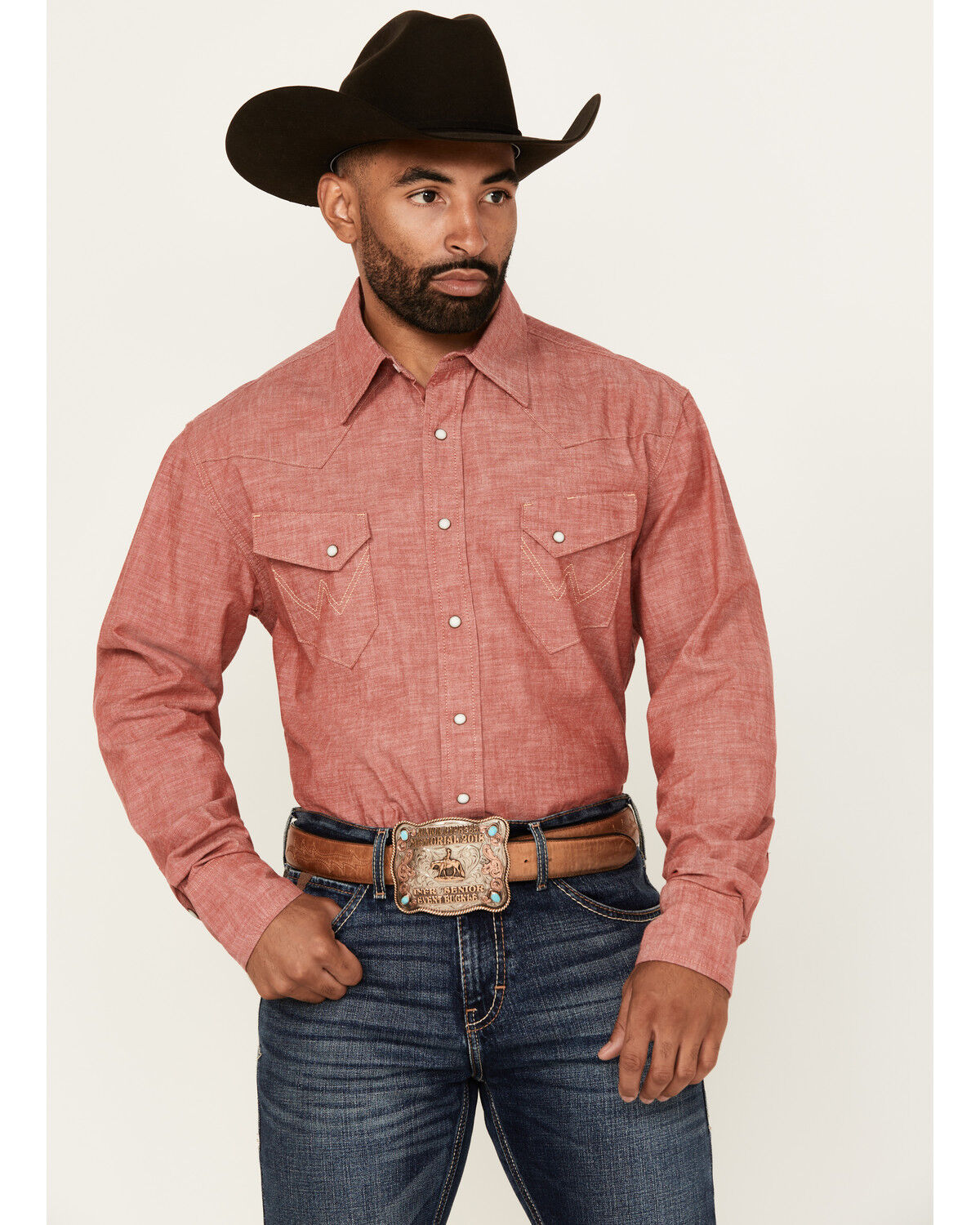 Image #1 - Wrangler Men's Vintage Chambray Solid Long Sleeve Snap Western Shirt, Red, hi-res