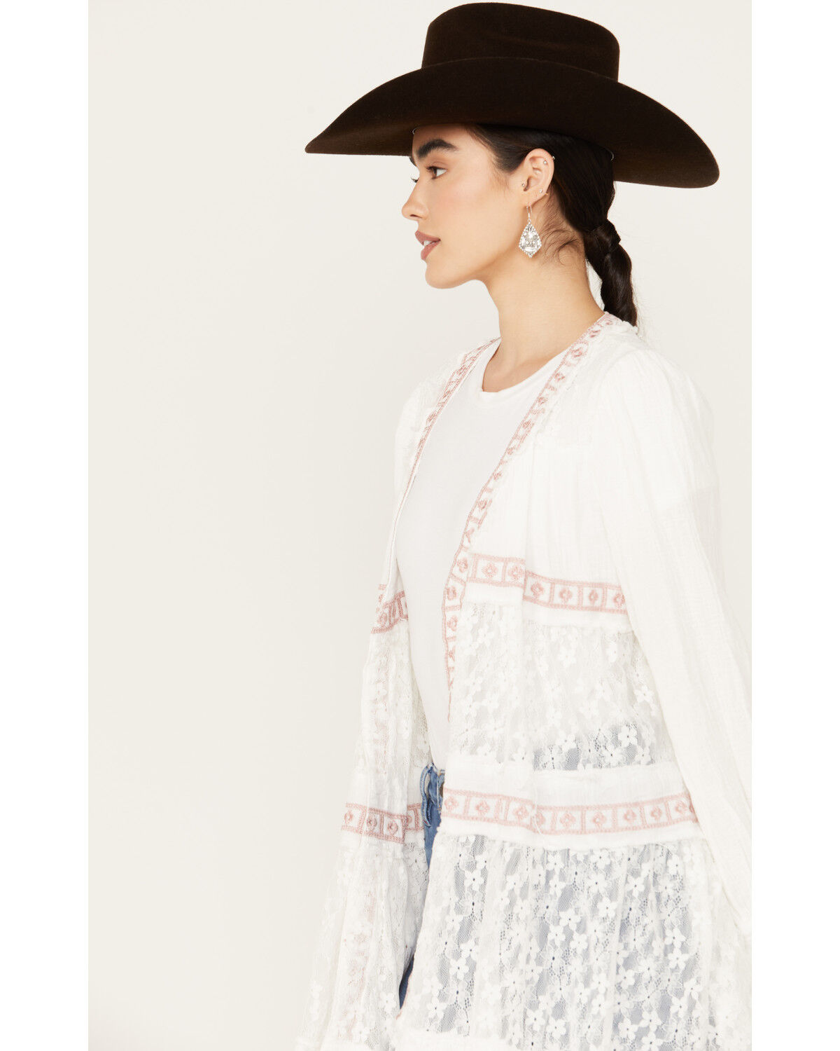 Image #2 - POL Women's Tiered Ditsy Print Long Sleeve Kimono, White, hi-res