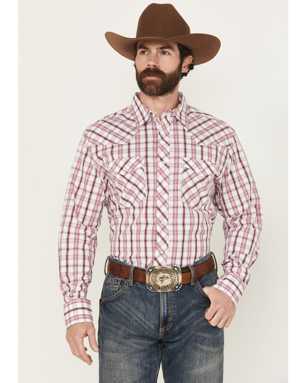 Image #1 - Wrangler Men's 20X Plaid Print Long Sleeve Button-Down Stretch Western Shirt - Tall, Wine, hi-res