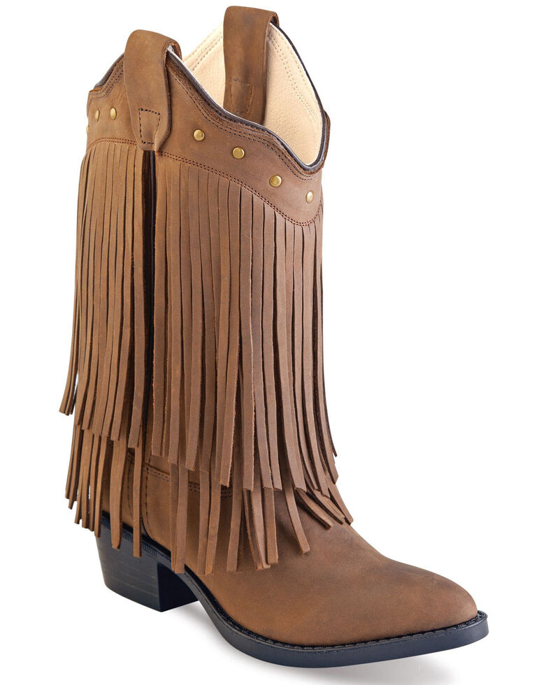 Old West Girls' Fringe Western Boots - Pointed Toe, Brown, hi-res