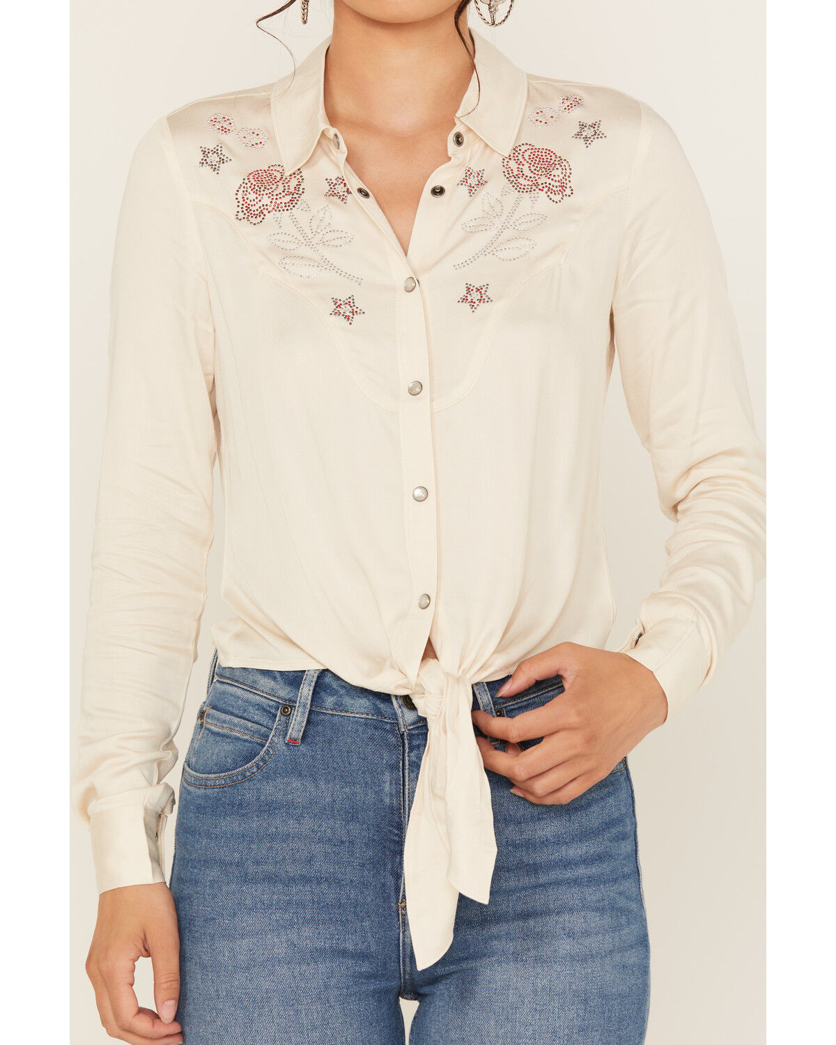 Image #3 - Idyllwind Women's Jessamin Embellished Long Sleeve Tie-Front Snap Western Shirt, Ivory, hi-res